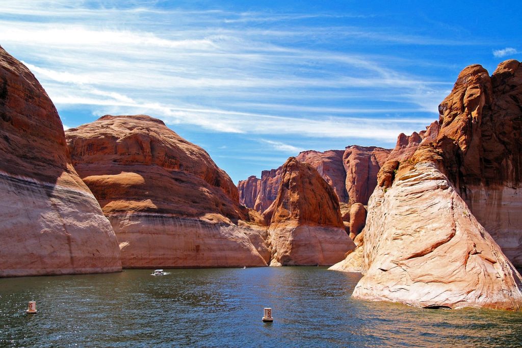 reservoir, canyon, rock formations, water, gorge, rocks, scenery, scenic, lake powell, arizona, nature, usa